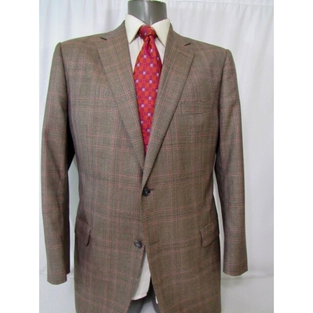 J. Hilburn Custom Tailored Men Brown Plaid Vitale Barberis Wool Blazer SZ‎ 46L